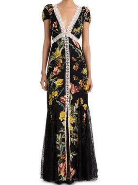 Alice and Olivia Rose Deep V Lace Trim Maxi Dress